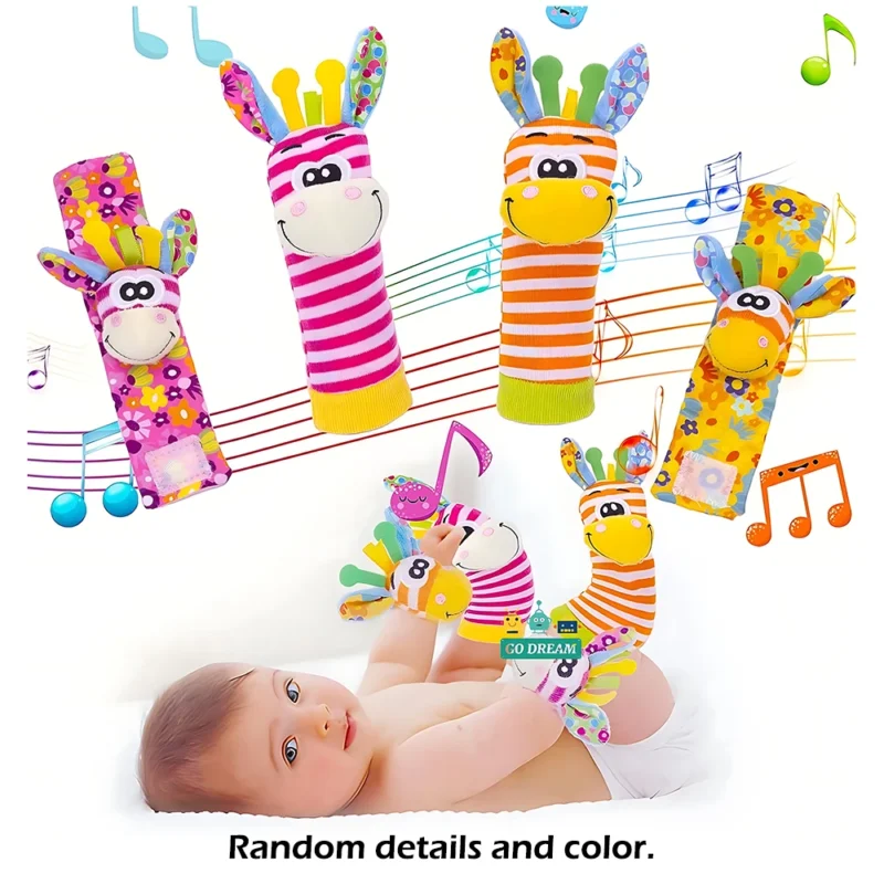 4pcs Baby Rattle Toys Cute Stuffed Animals Wrist Rattle Foot Finder Socks 0~24 Months for Infant Boy Girl Newborn Gift 2