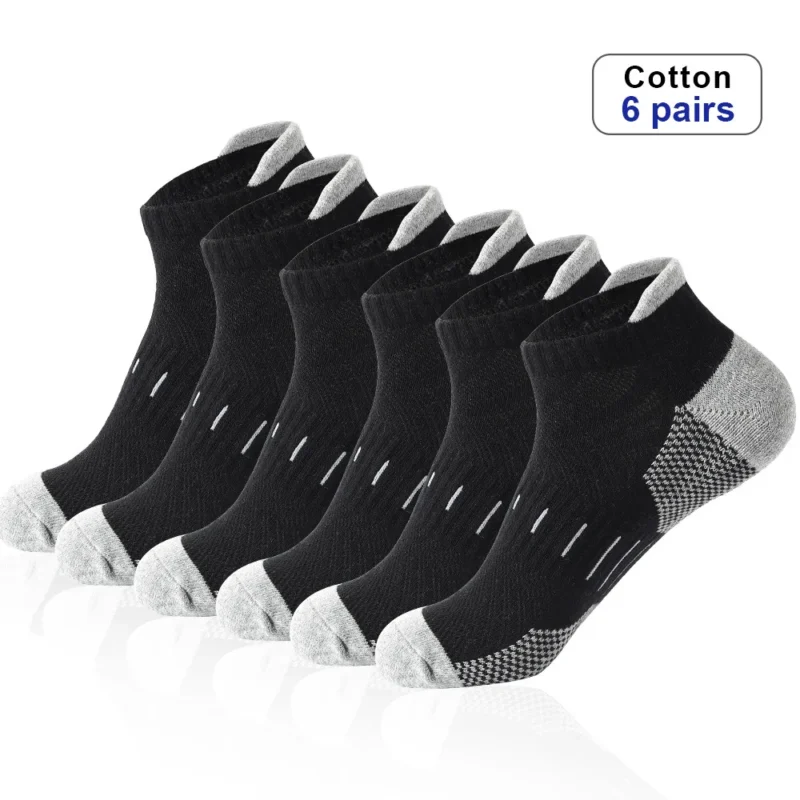 6 Pairs Men's Sports Socks 100% Cotton Towel-Backed Anti-slip Sweat Anti-odour Black White  Low-cut Boat Socks 1