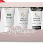 ECOLYTE+ Travel Box La Parisienne Premium Luxury, 30ml each [Shampoo, Conditioner, Shower Gel, Body Lotion & Hand Sanitizer] Unisex Gift Hamper for Occasions. All Skin Types (Luxury Pink, 5 Pcs Set)
